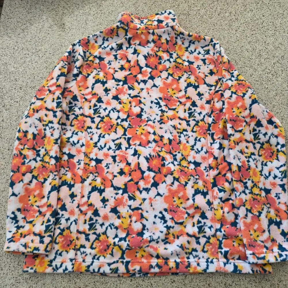 Lands End Womens Pullover 1/4 Zip Fleece Orange Floral Long Sleeve Cozy NWOT✨️L
